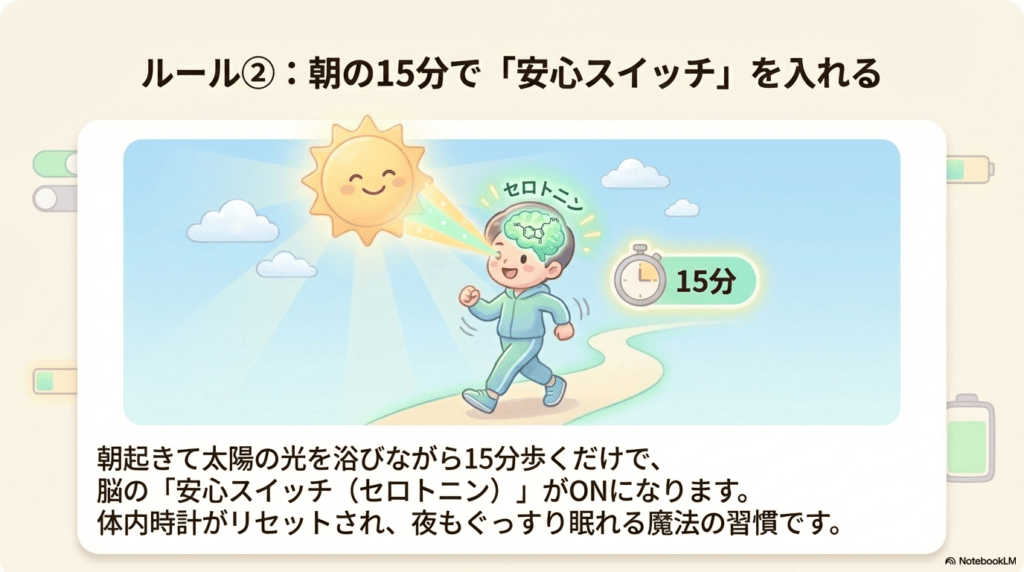 太陽光を浴びて散歩している図