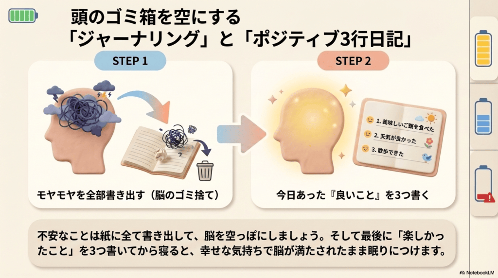 ジャーナリングとポジティブ3行日記の意図を示した図。 ジャーナリングでは頭の中のモヤモヤが紙に排出されてゴミ箱に移動している。 ポジティブ3行日記では頭の中が輝いている
