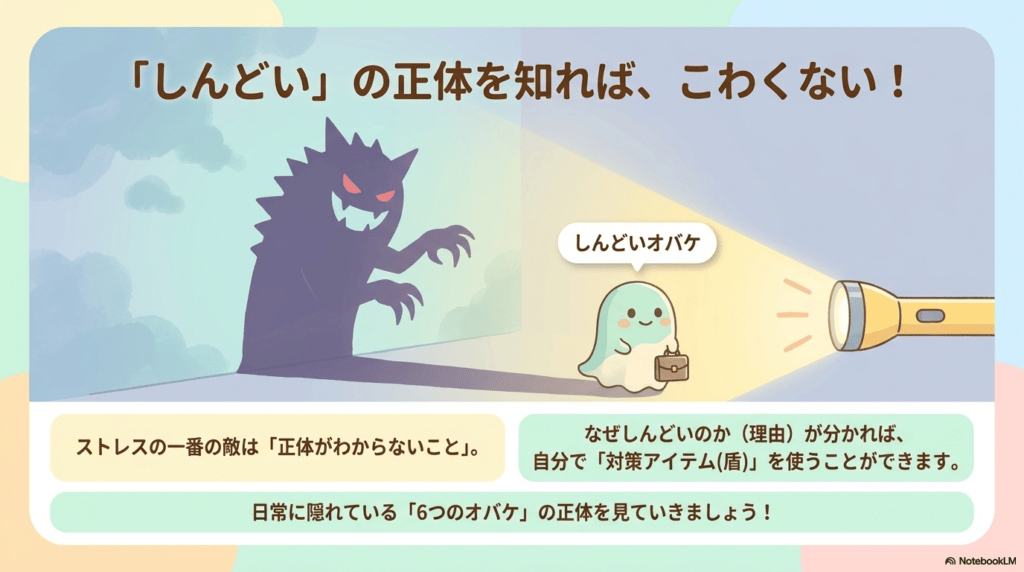 懐中電灯に照らされた『しんどいオバケ』から大きくておぞましい影が浮かび上がっているイラスト