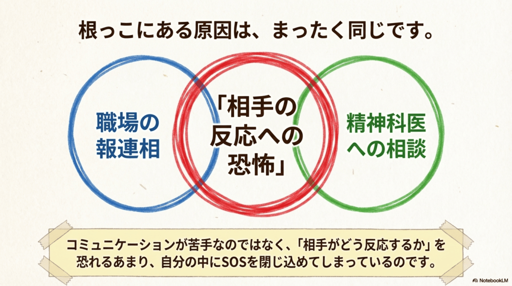 SOSを閉じ込めてしまっている要因の図解: 職場の報連相と精神科医への相談において、いずれも「相手の反応への恐怖」が根っこにある