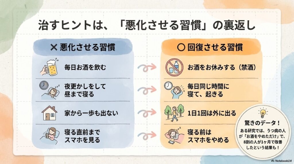 「悪化させる習慣」の裏返しの図 毎日お酒を飲む→お酒をお休みする 夜ふかしをして昼まで寝る→毎日同じ時間に寝て、起きる 家から一歩も出ない→1日1回は外に出る 寝る直前までスマホを見る→寝る前はスマホをやめる