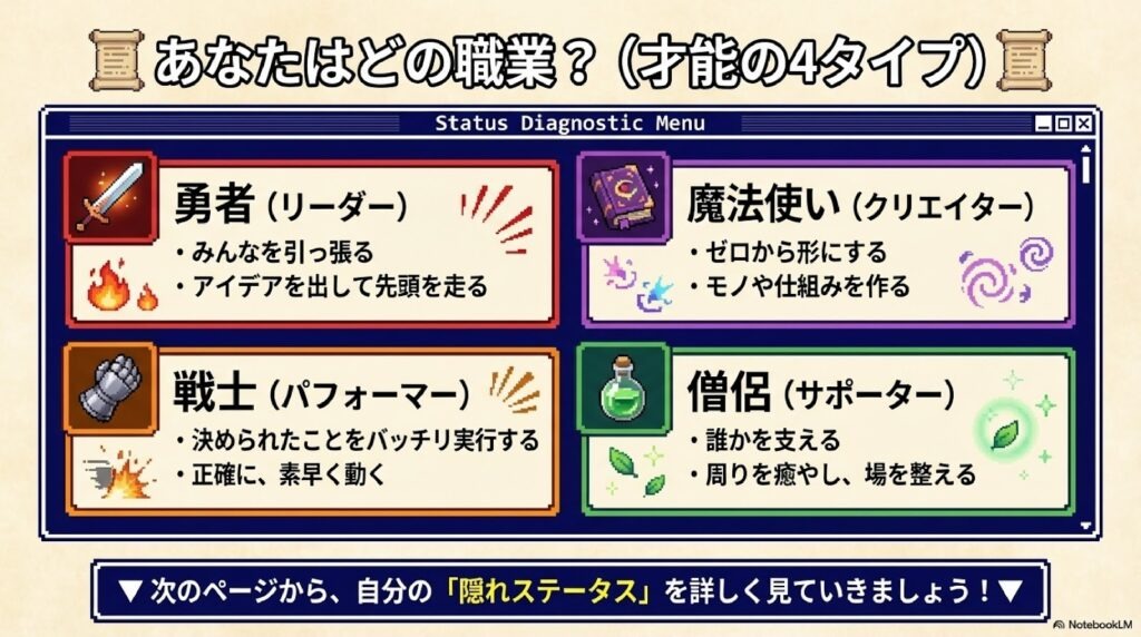 4つの『職業』概要 * 勇者(リーダー) * 魔法使い(クリエイター) * 戦士(パフォーマー) * 僧侶(サポーター)