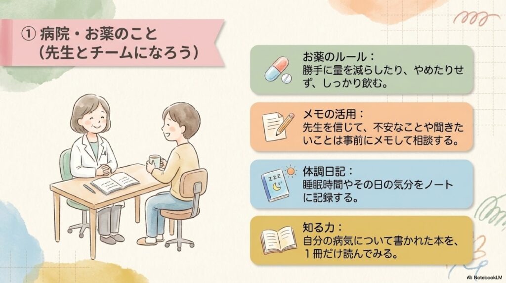 病院・お薬のこと(先生とチームになろう) お薬のルール:勝手に量を減らしたり、やめたりせず、しっかり飲む。 メモの活用:先生を信じて、不安なことや聞きたいことは事前にメモして相談する。 体調日記:睡眠時間やその日の気分をノートに記録する。 知る力:自分の病気について書かれた本を、1冊だけ読んでみる。