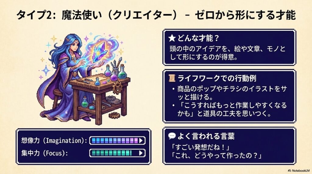 タイプ2:魔法使い(クリエイター) どんな才能?: 頭の中のアイデアを、絵や文字、モノとして形にするのが得意。 ライフワークでの行動例: * 商品のポップやチラシのイラストをササッと描ける。 * 「こうすればもっと作業しやすくなるかも」と道具の工夫を思いつく。 よく言われる言葉: 「すごい発想だね!」 「これ、どうやって作ったの?」