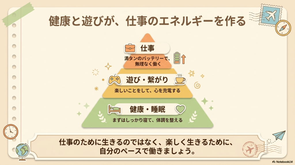 健康と遊びが、仕事のエネルギーを作るピラミッド図 仕事 < 遊び・繋がり < 健康・睡眠