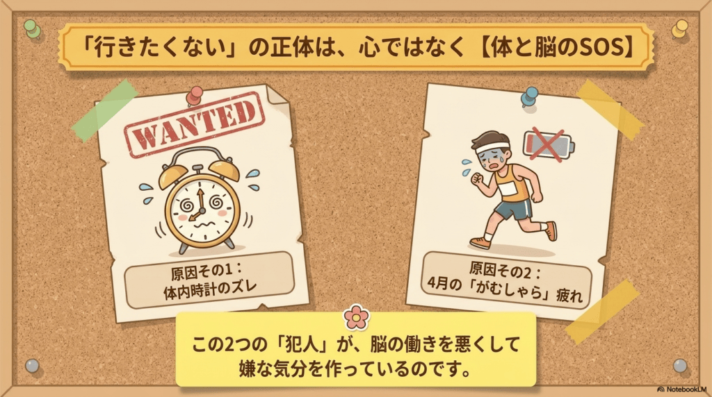 「行きたくない」の正体のイラスト: 原因その1:体内時計のズレ 原因その2:4月の「がむしゃら」疲れ